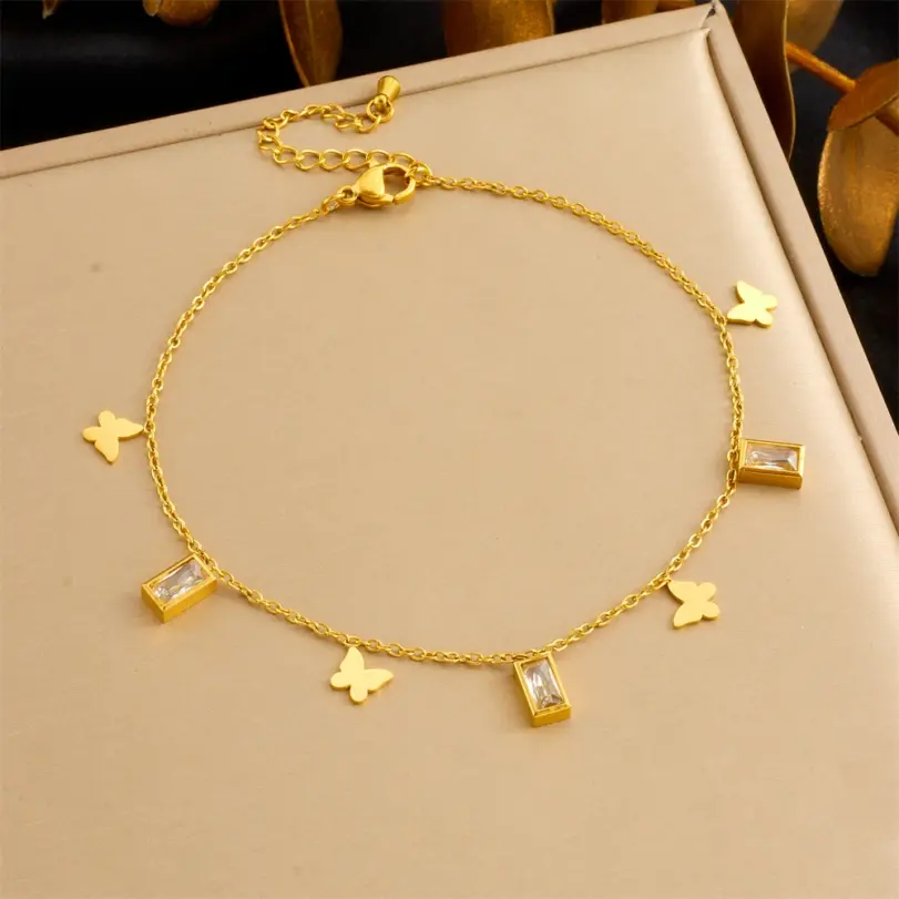 DIEYURO-tobilleras cuadradas de mariposa dorada de acero inoxidable 316L para mujer, cadenas para pies de nueva tendencia, joyería antioxidante, regalo de vacaciones 6