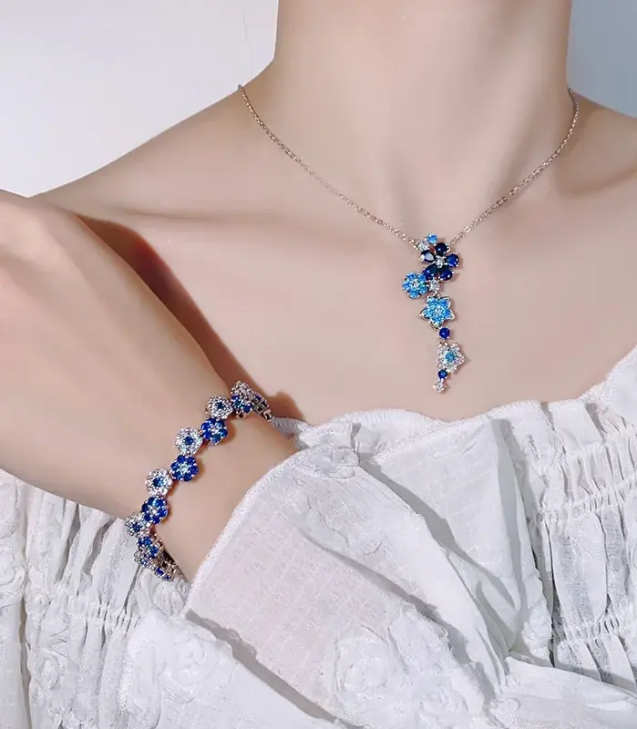 Conjunto de joyería Vintage elegante para mujer, collar de flores con incrustaciones, gargantilla azul, pulsera de boda nupcial, regalo de fiesta, 2 uds. 2
