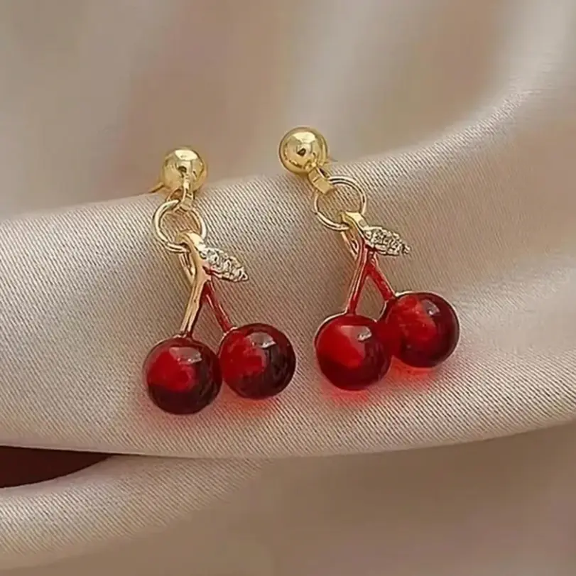 Conjunto de Joyería Cherry, Elegante Conjunto para Mujer, Collar y Aretes Rojos, Diseño Minimalista, Collar de Cereza Roja para Damas 6
