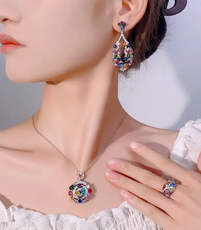 Conjunto de joyería Vintage elegante para mujer, collar de circonio de colores, gargantilla de cristal brillante, pendientes de boda para fiesta, 4 Uds. 2