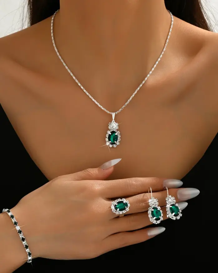 Juego de Joyería Vintage Elegante de 4 Piezas para Mujer, Collar con Zirconia Verde en Forma de Gota de Agua, Gargantilla Dorada, Pulsera para Novia, Regalo para Fiesta de Bodas 1