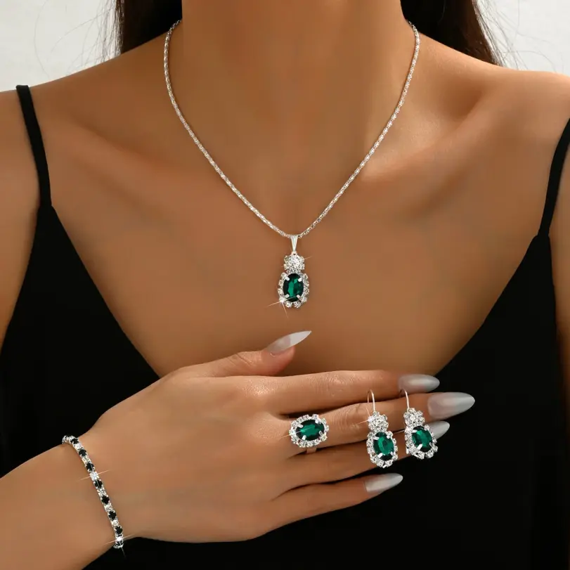 Juego de Joyería Vintage Elegante de 4 Piezas para Mujer, Collar con Zirconia Verde en Forma de Gota de Agua, Gargantilla Dorada, Pulsera para Novia, Regalo para Fiesta de Bodas 1
