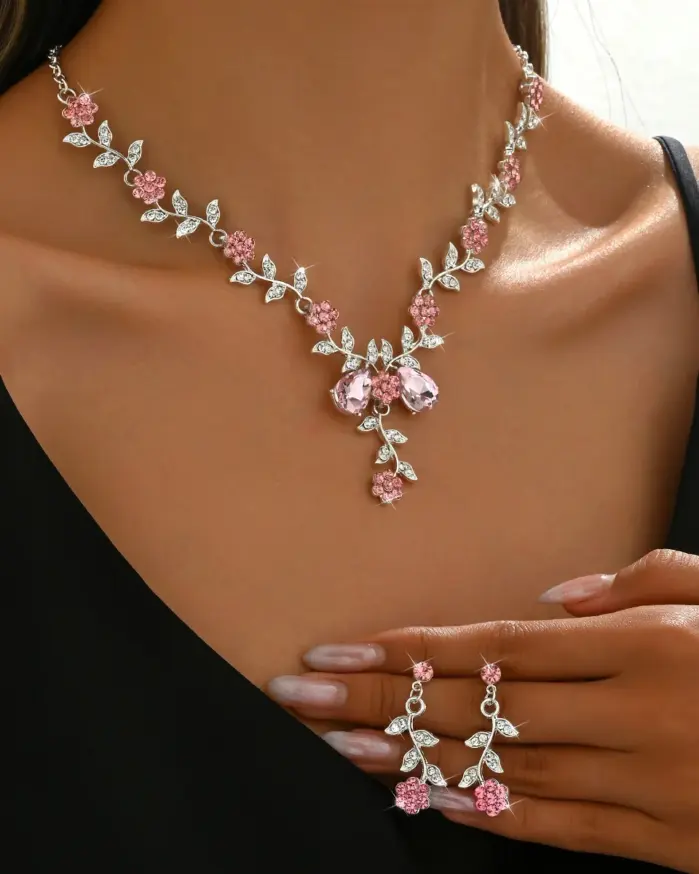 Conjunto de 3 uds de moda para mujer, collar de gota de agua con flor pequeña, pendientes, conjunto de joyería, regalo de fiesta de banquete de boda 2