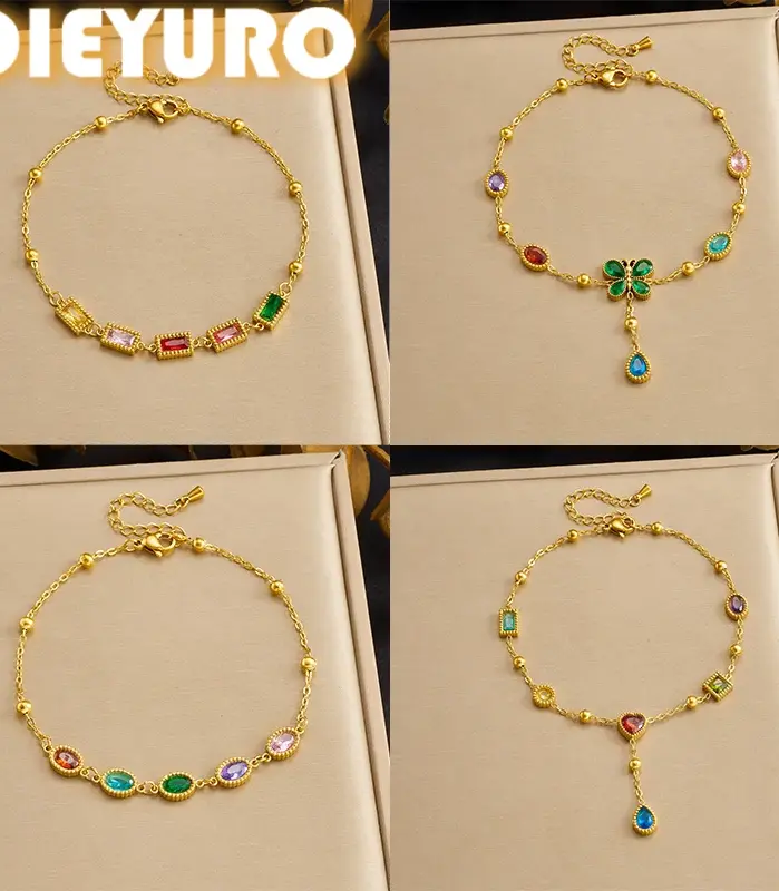 DIEYURO-tobilleras con colgante de diamantes de imitación en forma de corazón y mariposa de acero inoxidable 316L para mujer, cadenas para pies a la moda, regalo de joyería 1