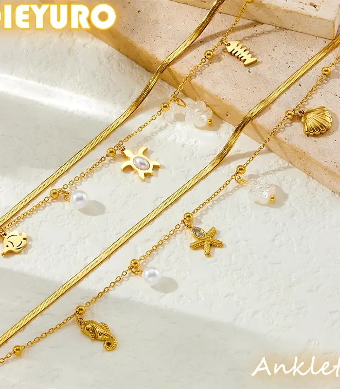 Tobilleras DIEYURO 316L de acero inoxidable con perlas de animales marinos de doble capa para mujer, nueva tendencia, cadenas para pies, regalo de joyería antioxidante 1