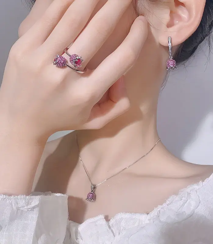 Conjunto de joyería Vintage elegante para mujer, collar de rosa de rubí rojo, gargantilla de cristal brillante, pendientes de boda para fiesta, 3 uds. 2