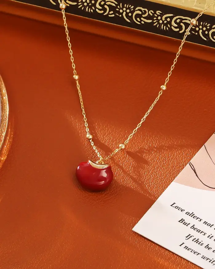 Juego de Joyería Elegante y Moderno de 3 Piezas para Mujer, Collar de Frijol Rojo, Gargantilla de Metal Clásica, Aretes para Uso Diario Informal, Regalo 2