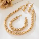 Juego de Joyería Elegante y Moderno de 4 Piezas para Mujer, Collar de Cuentas Doradas, Gargantilla Esférica de Metal, Pendientes para Uso Diario Informal 4