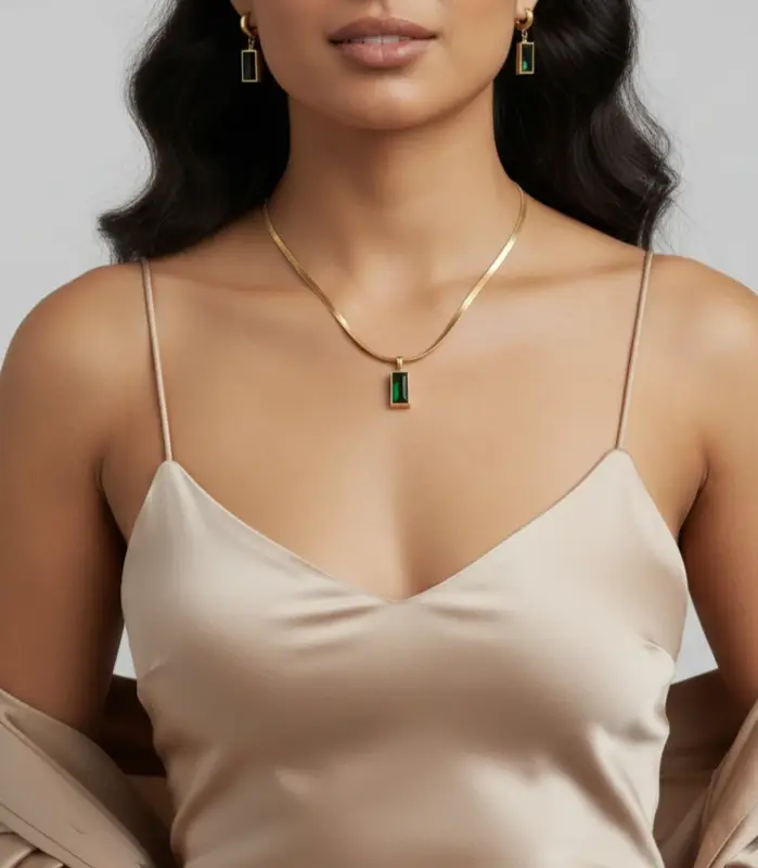 3 uds. De pendientes de collar de circón de cristal verde cuadrado de acero inoxidable para mujer y niña, nuevos conjuntos de joyería que no se decoloran a la moda 2