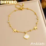 Tobilleras DIEYURO 316L de acero inoxidable amarillo vieira estrella de mar circón para mujer cadenas de pie de estilo marino regalo de joyería impermeable 1