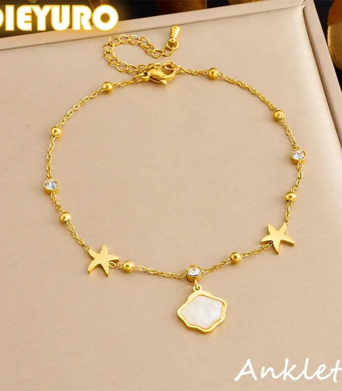 Tobilleras DIEYURO 316L de acero inoxidable amarillo vieira estrella de mar circón para mujer cadenas de pie de estilo marino regalo de joyería impermeable 1