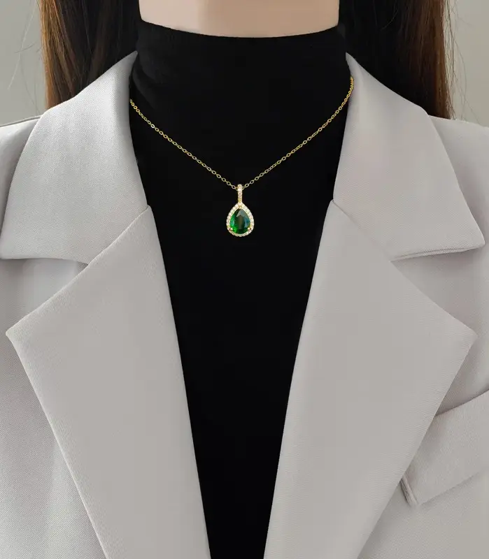 Juego de Joyería Elegante y Moderno de 3 Piezas para Mujer, Collar con Gota de Agua Verde, Gargantilla de Metal Clásica, Aretes para Uso Diario Informal, Regalo 2