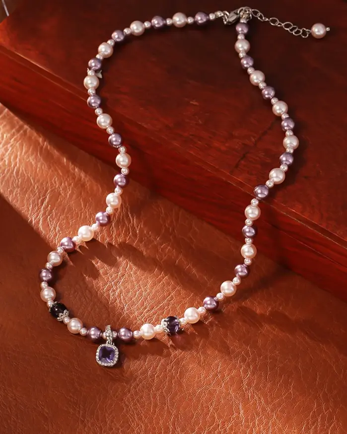 Juego de Joyería Vintage Elegante de 2 Piezas para Mujer, Collar con Pedrería Brillante Morada, Pulsera de Perlas para Novia, Regalo de Boda o Fiesta 2