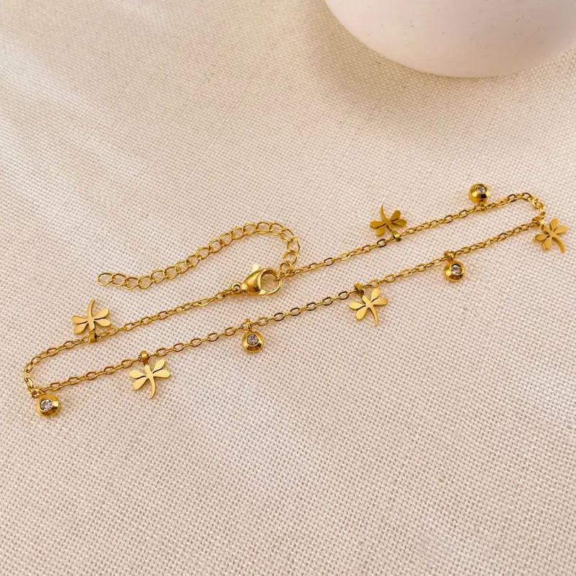DIEYURO-tobillera con colgante de libélula dorada de acero inoxidable 316L para mujer, cadena para pie, joyería, regalo de vacaciones 6