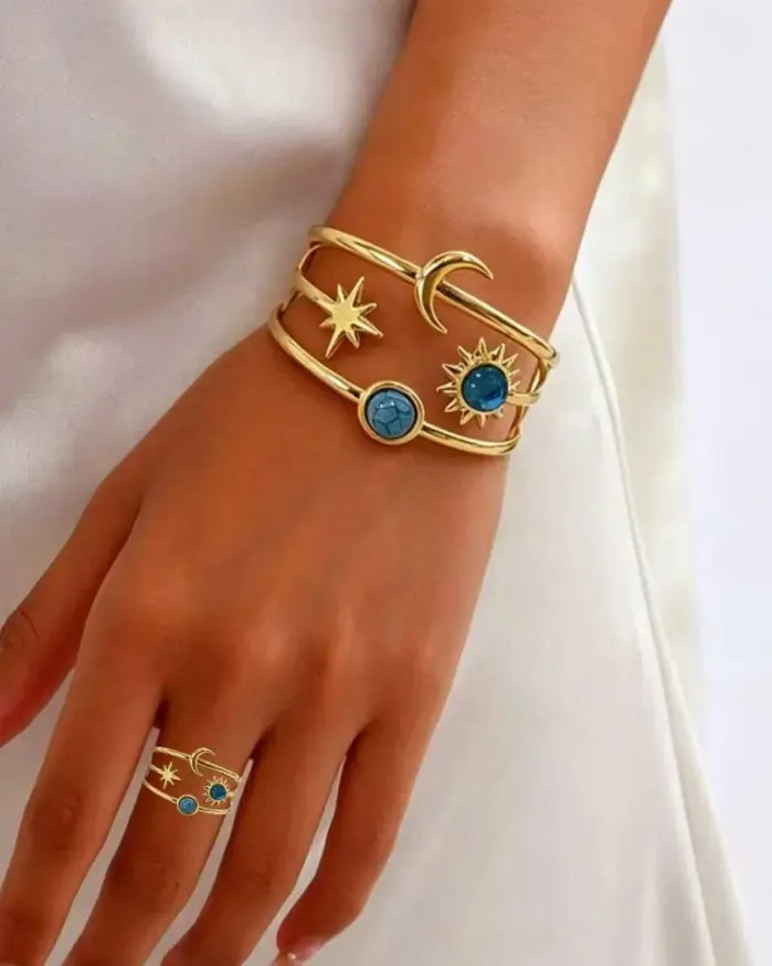 Conjunto de Joyería Boho Europeo Americano con Diseño de Sol, Luna y Estrellas, Brazalete Hueco con Imitación de Turquesa, Accesorios de Fiesta para Mujer 1