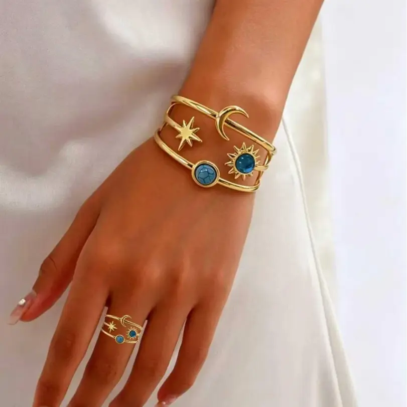 Conjunto de Joyería Boho Europeo Americano con Diseño de Sol, Luna y Estrellas, Brazalete Hueco con Imitación de Turquesa, Accesorios de Fiesta para Mujer 1 Conjunto de Joyería Boho Europeo Americano con Diseño de Sol, Luna y Estrellas, Brazalete Hueco con Imitación de Turquesa, Accesorios de Fiesta para Mujer 1