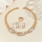 Conjunto de collar, pendientes y anillo con cadena geométrica de pedrería de color dorado, de lujo, para mujer, ideal para bodas, fiestas y como regalo. 3