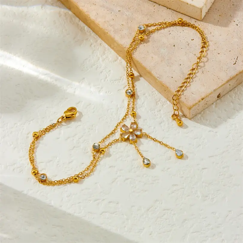 DIEYURO-tobillera de doble capa con borla de flores y diamantes de imitación blancos de acero inoxidable 316L para mujer, cadena para pie a la moda, joyería, regalo de vacaciones 3