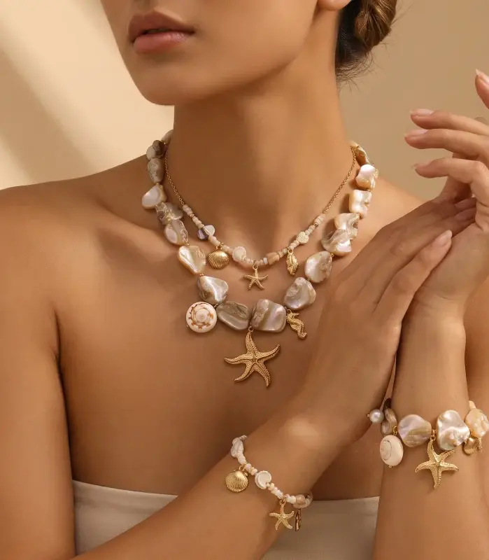 Joyería Bohemia con Estrellas de Mar Doradas, Collar con Perlas Irregulares y Caballitos de Mar, Elegante Colección de Joyería Costera para Fiestas de Verano en la Playa 2
