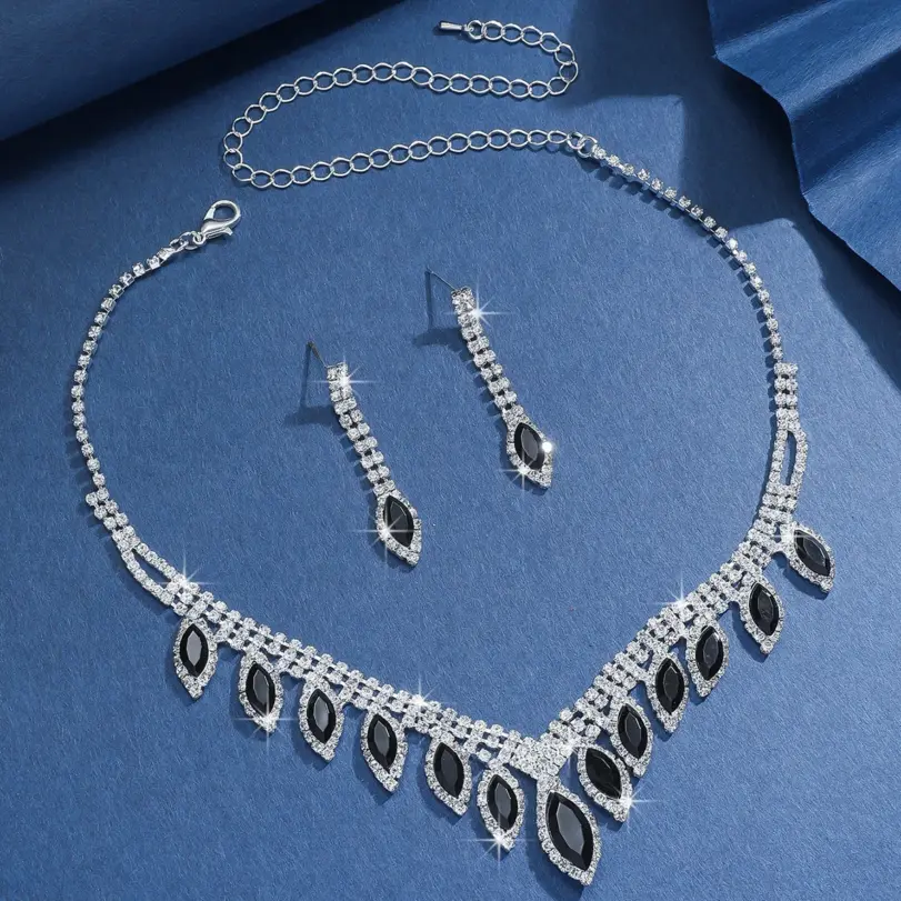 Conjunto de Joyería Negra de Lujo, Elegante Collar, Aretes y Brazalete con Cristales Brillantes, Conjunto de Boda para Mujer, Regalo para Fiesta Nocturna 5