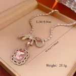 Juego de Joyería Vintage Elegante de 3 Piezas para Mujer, Collar con Lazo Rosa y Diamantes de Imitación, Gargantilla de Cristal Brillante, Pendientes de Novia para Boda y Fiesta 6