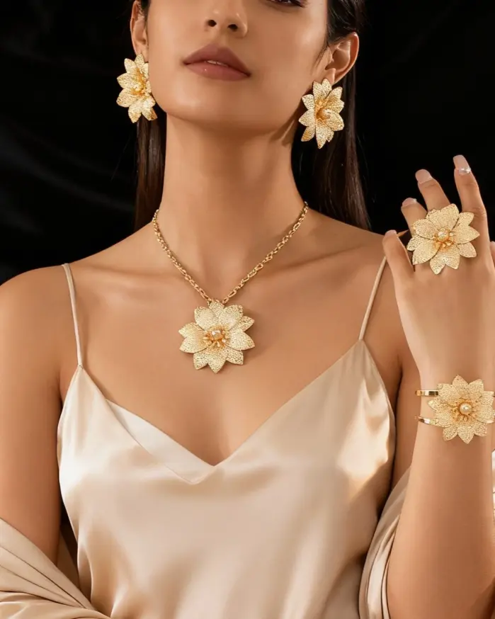 Conjunto de joyería Vintage elegante para mujer, collar de flores con temperamento dorado, Gargantilla, pulsera de boda nupcial, regalo de fiesta, 5 uds. 1