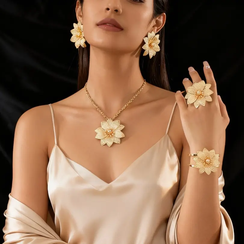 Conjunto de joyería Vintage elegante para mujer, collar de flores con temperamento dorado, Gargantilla, pulsera de boda nupcial, regalo de fiesta, 5 uds. 1 Conjunto de joyería Vintage elegante para mujer, collar de flores con temperamento dorado, Gargantilla, pulsera de boda nupcial, regalo de fiesta, 5 uds. 1
