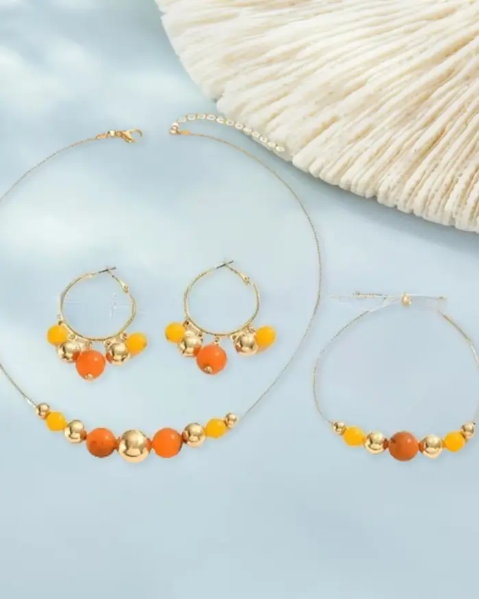 Conjunto de Joyería de Cuentas Coloridas, Collar de Cadena de Bolas Dorada Ajustable, Pulsera, Pendientes de Aro con Cuentas, Estilo Minimalista, Verano, Playa 1