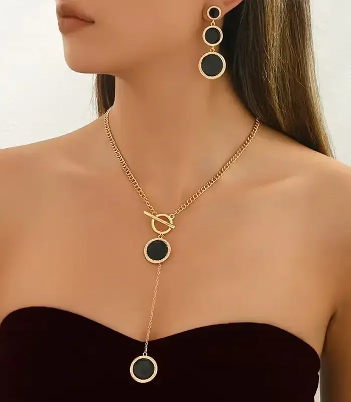 Juego de Joyería Elegante y Moderno de 3 Piezas para Mujer, Collar Largo con Círculos Geométricos, Gargantilla de Metal Clásica, Aretes para Uso Diario Informal, Regalo 2