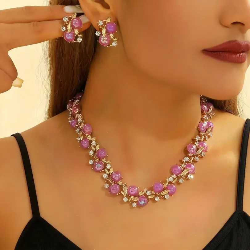 Conjunto de Joyería Vintage con Hojas Florales y Pedrería, Collar con Gema Redonda Rosa Incrustada, Pendientes de Botón, Lujoso y Elegante 1 Conjunto de Joyería Vintage con Hojas Florales y Pedrería, Collar con Gema Redonda Rosa Incrustada, Pendientes de Botón, Lujoso y Elegante 1