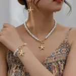 Conjunto de Collar de Perlas con Estrella de Mar Dorada, Cierre de Palanca, Gargantilla de Perlas, Pendientes y Pulsera, Juego de 3 Piezas para Mujer, Joyería Estética Estilo Sirena 2