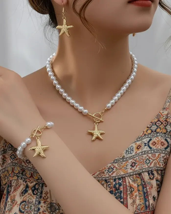 Conjunto de Collar de Perlas con Estrella de Mar Dorada, Cierre de Palanca, Gargantilla de Perlas, Pendientes y Pulsera, Juego de 3 Piezas para Mujer, Joyería Estética Estilo Sirena 2