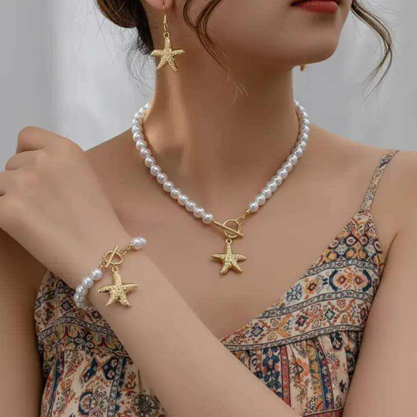 Conjunto de Collar de Perlas con Estrella de Mar Dorada, Cierre de Palanca, Gargantilla de Perlas, Pendientes y Pulsera, Juego de 3 Piezas para Mujer, Joyería Estética Estilo Sirena 2