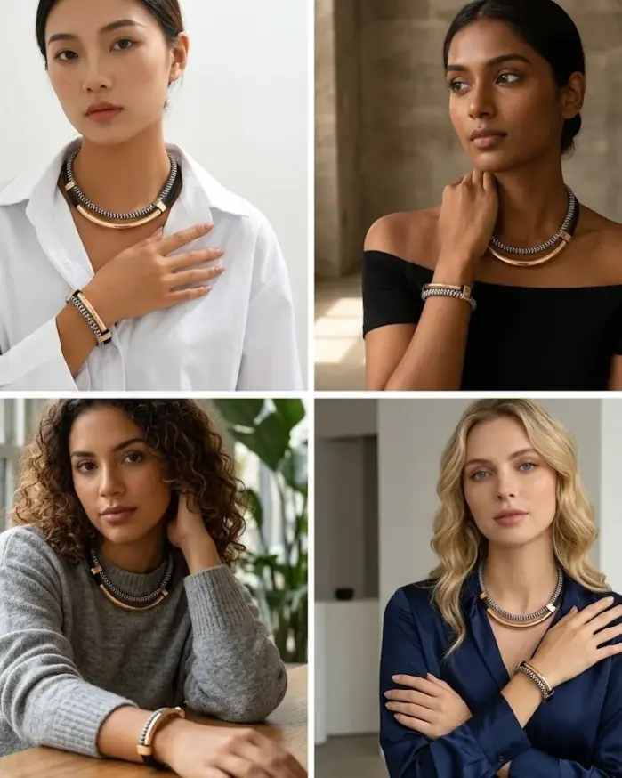 Conjunto de 2 uds de nueva moda, tubo de Metal grueso de doble línea en blanco y negro, conjunto de pulsera y collar estilo Hip-Hop exagerado para uso diario 2