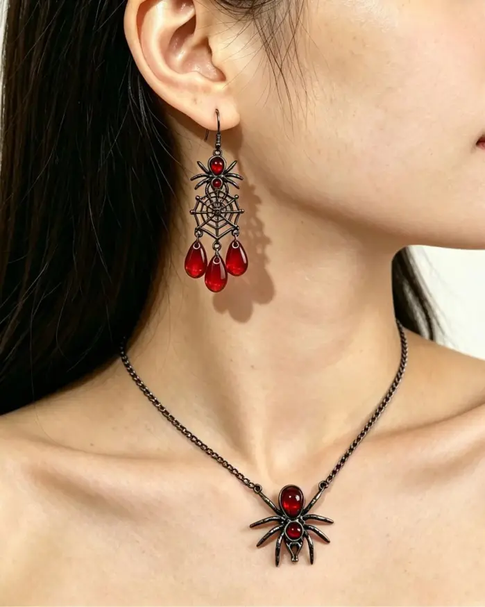 Conjunto de Joyería Gótica con Diseño de Telaraña para Mujer, Collar Gargantilla Color Gris Oscuro para Halloween, Pendientes de Cristal en Forma de Lágrima Rojo Sangre, Accesorios para Fiesta 2