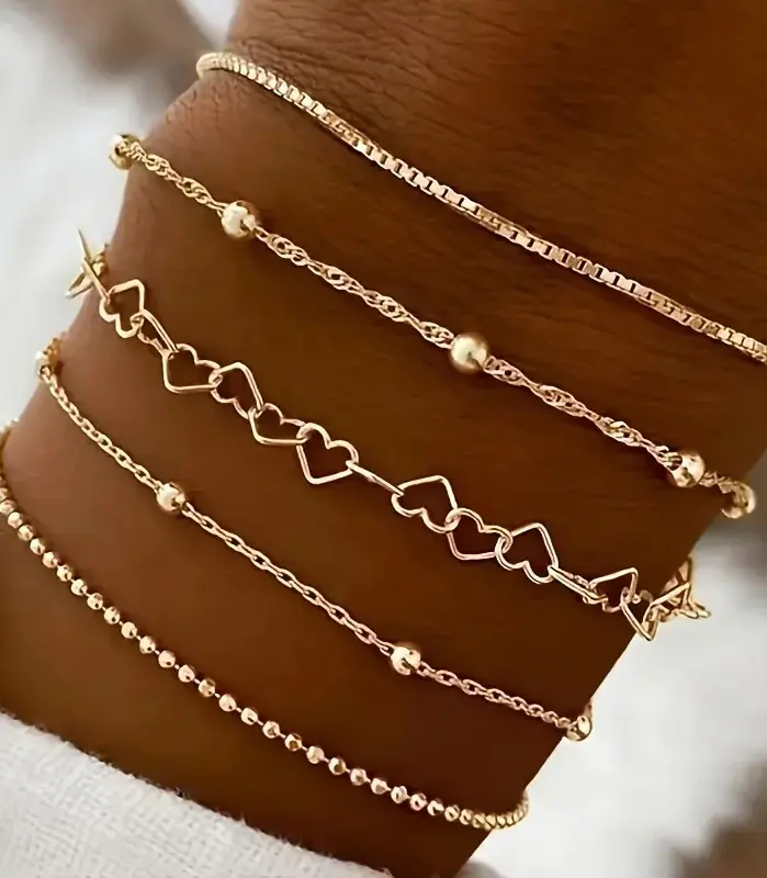 Conjunto de joyería Retro elegante para mujer, cadena de amor con cuentas redondas, uso diario dorado, pulsera de boda nupcial, regalo de fiesta, 5 uds. 2