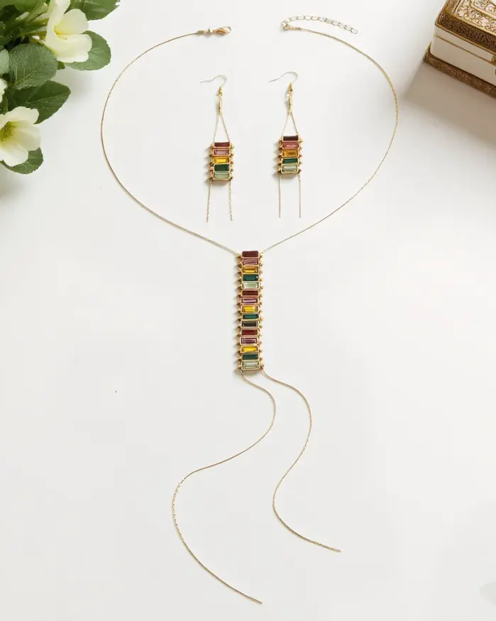 Juego de Joyería Vintage Elegante de 3 Piezas para Mujer, Collar con Pedrería Colorida, Gargantilla de Cristal Brillante, Aretes para Novia, Boda, Fiesta 1