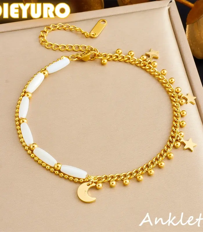 DIEYURO 316L Acero inoxidable estrella Luna brillante esfera pequeña tobilleras para mujeres cadenas de pie impermeables regalo de joyería de vacaciones 1