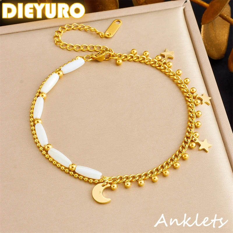 DIEYURO 316L Acero inoxidable estrella Luna brillante esfera pequeña tobilleras para mujeres cadenas de pie impermeables regalo de joyería de vacaciones 1 DIEYURO 316L Acero inoxidable estrella Luna brillante esfera pequeña tobilleras para mujeres cadenas de pie impermeables regalo de joyería de vacaciones 1