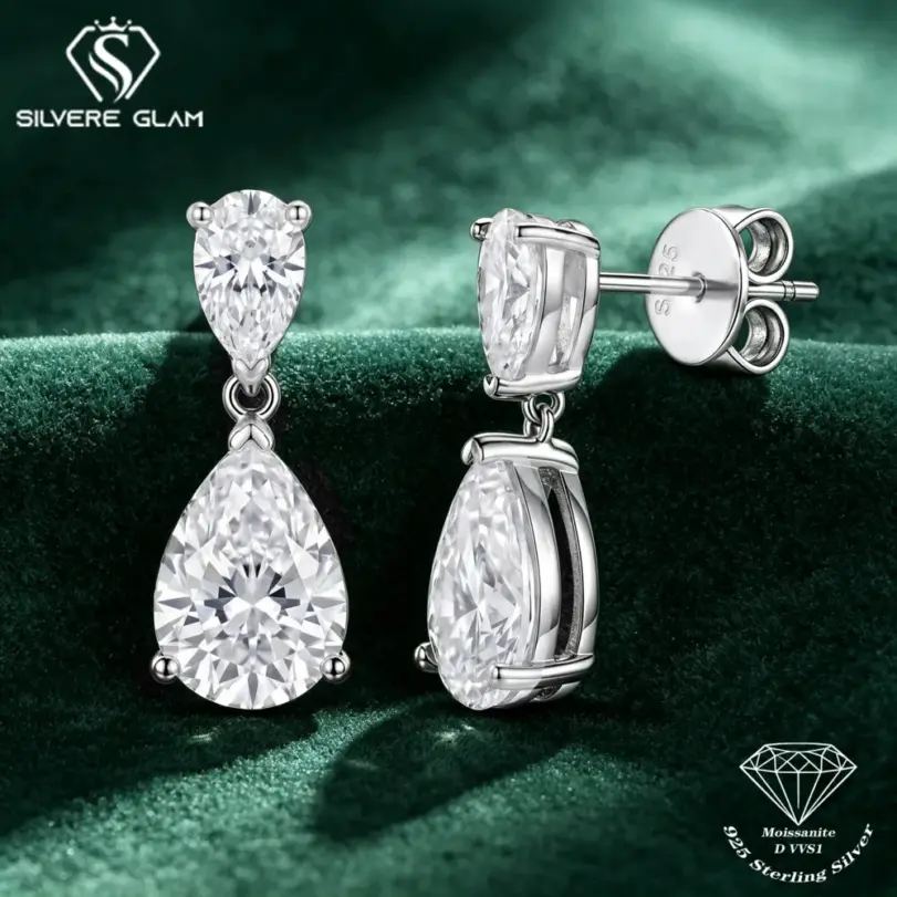 Pendientes de plata pura 925 con moissanita en forma de lágrima para mujer, 12 quilates, joyería de lujo de marca, pendientes D/VVS1, diamante de laboratorio de moissanita. 1 Pendientes de plata pura 925 con moissanita en forma de lágrima para mujer, 12 quilates, joyería de lujo de marca, pendientes D/VVS1, diamante de laboratorio de moissanita. 1