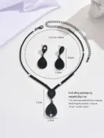 Conjunto de 3 uds de pendientes y collar con forma de lágrima negra de lujo discreto para mujer, accesorios de moda diarios para fiesta y Festival de Música 6