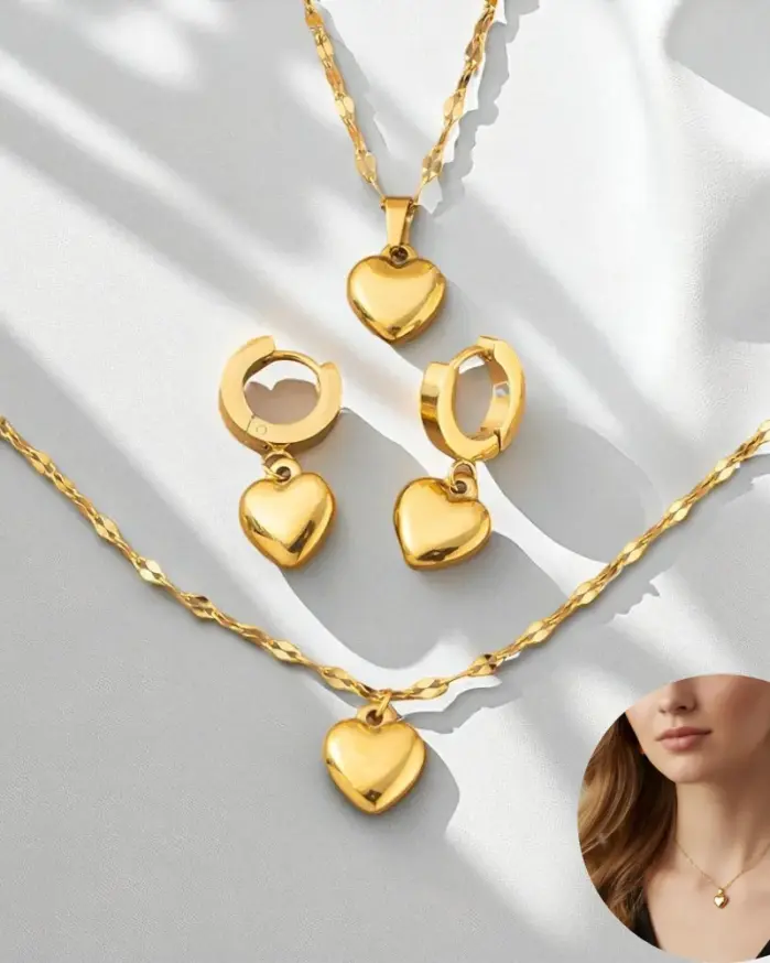 Juego de Joyería de Corazón Hinchado Dorado 2026 de 4 Piezas para Mujer, Collar de Cadena Satélite, Aretes Huggie, Regalo de Joyería Delicada con Corazón para Mujer 1