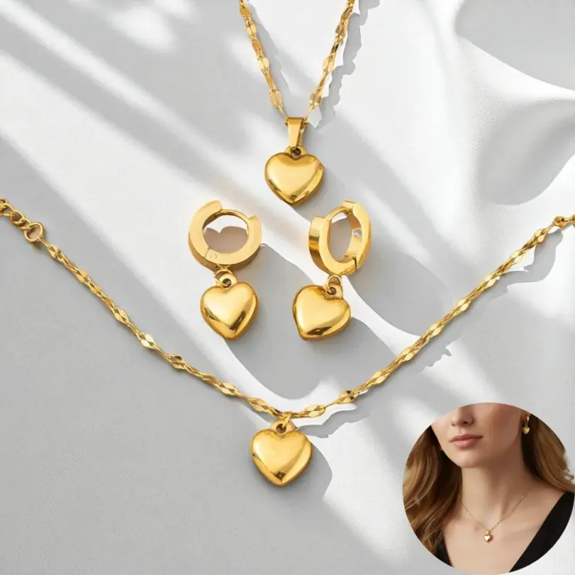 Juego de Joyería de Corazón Hinchado Dorado 2026 de 4 Piezas para Mujer, Collar de Cadena Satélite, Aretes Huggie, Regalo de Joyería Delicada con Corazón para Mujer 1 Juego de Joyería de Corazón Hinchado Dorado 2026 de 4 Piezas para Mujer, Collar de Cadena Satélite, Aretes Huggie, Regalo de Joyería Delicada con Corazón para Mujer 1