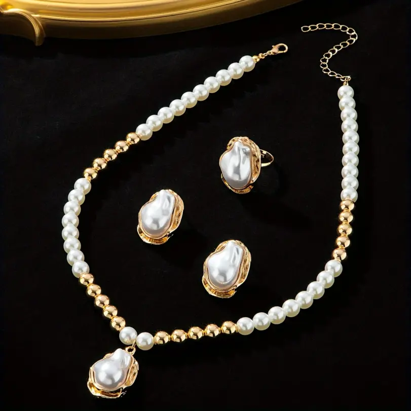 Juego de 4 Piezas de Aretes, Collar y Anillo Artificiales Elegantes y Retro, Perfecto para el Uso Diario de las Mujeres, Regalo para Fiestas 6