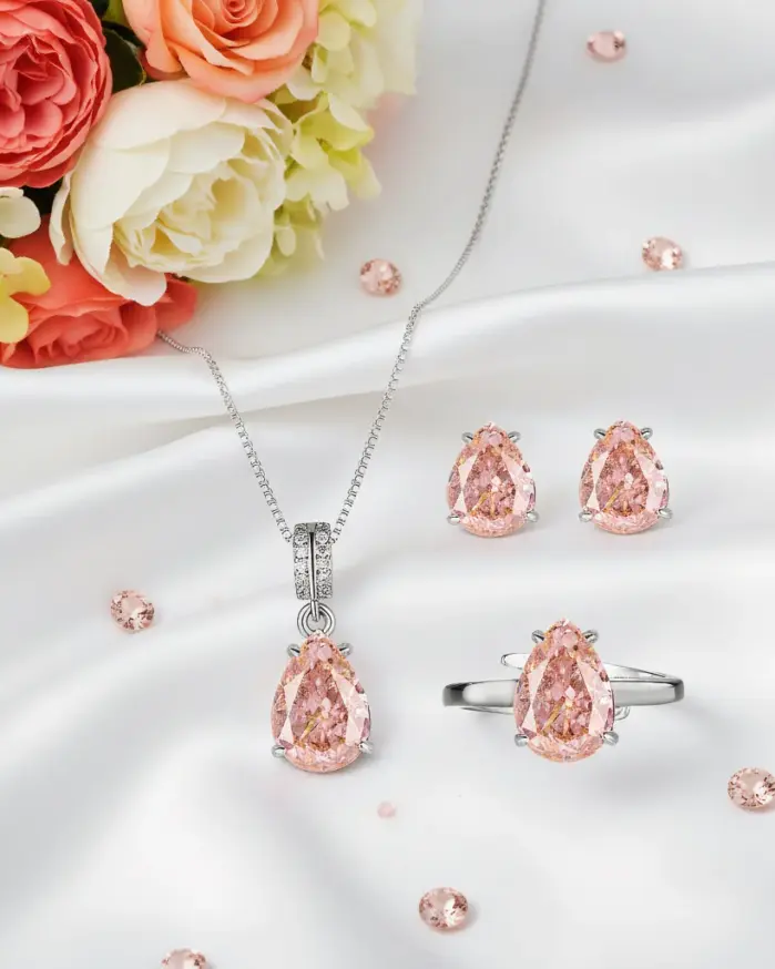 Conjunto de joyería Vintage elegante para mujer, collar con forma de gota de gema rosa, gargantilla de cristal brillante, pendientes de boda para fiesta, 4 Uds. 1