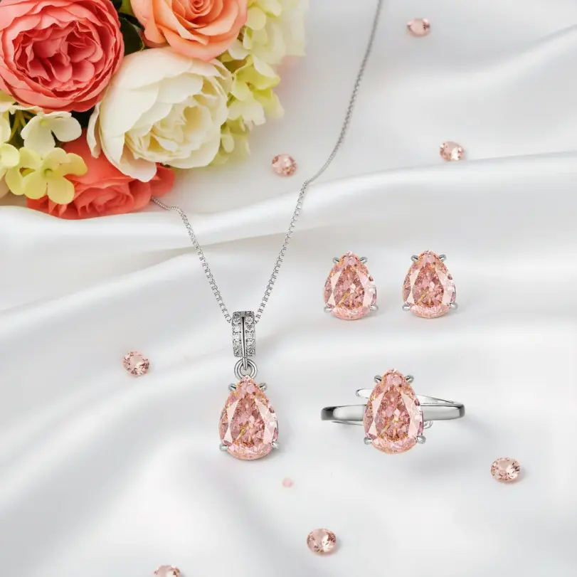 Conjunto de joyería Vintage elegante para mujer, collar con forma de gota de gema rosa, gargantilla de cristal brillante, pendientes de boda para fiesta, 4 Uds. 1 Conjunto de joyería Vintage elegante para mujer, collar con forma de gota de gema rosa, gargantilla de cristal brillante, pendientes de boda para fiesta, 4 Uds. 1
