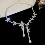 Juego de Joyería Vintage Elegante de 3 Piezas para Mujer, Collar con Borla de Mariposa, Gargantilla de Cristal Brillante, Pendientes de Novia para Boda, Fiesta 5