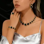 Conjunto de joyería geométrica elegante para mujer, collar Retro, anillo dorado, pulsera de moda, pendiente Circular con incrustaciones, regalo de fiesta, 5 uds. 1