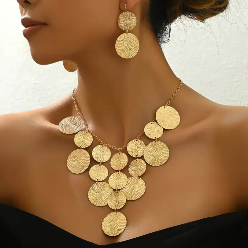 Set de Joyería de 3 Piezas con Discos Dorados para Mujer, Collar con Flecos en Cascada y Pendientes Colgantes con Monedas Texturizadas, Joyería Boho de Moda, Regalo 3