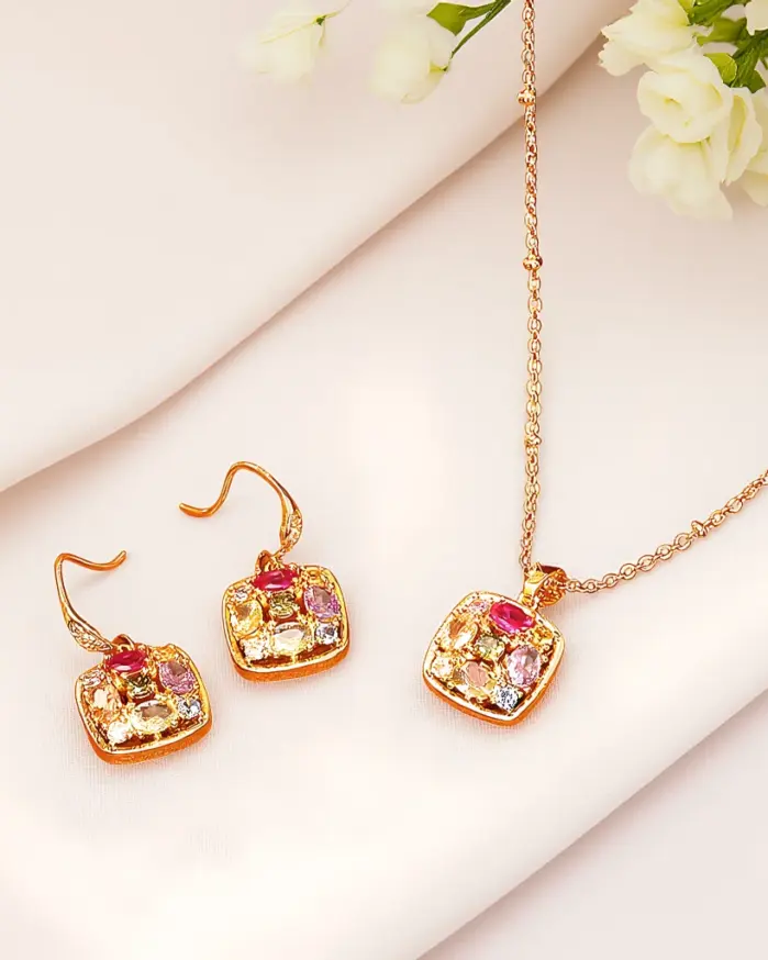 Juego de Joyería Vintage Elegante de 3 Piezas para Mujer, Collar Cuadrado Colorido, Gargantilla de Cristal Brillante, Aretes de Novia para Boda, Fiesta 1